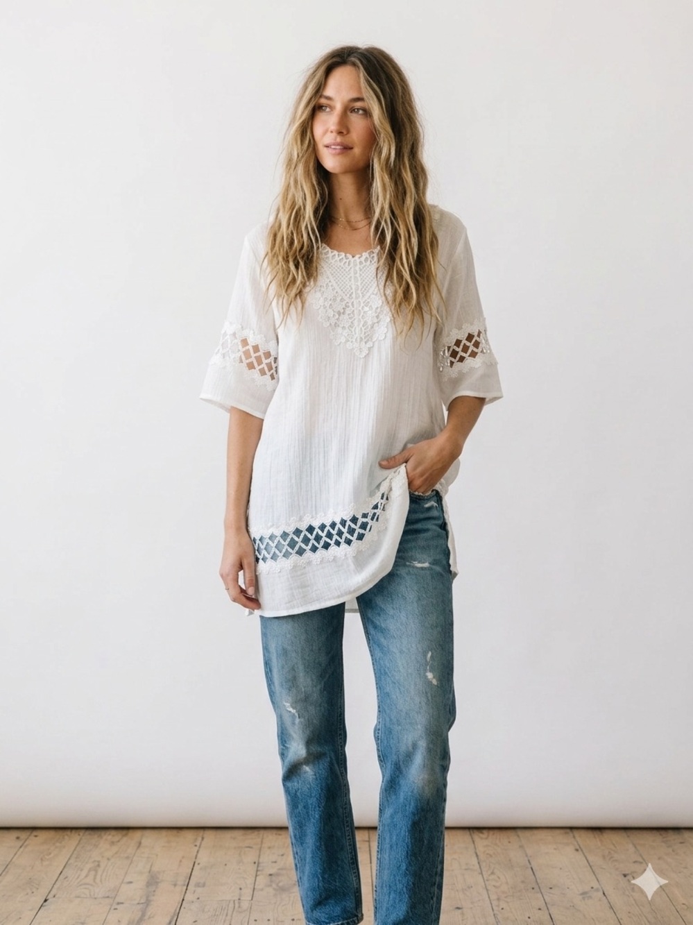 Vintage Boho Crochet-Trim Tunic Top - White